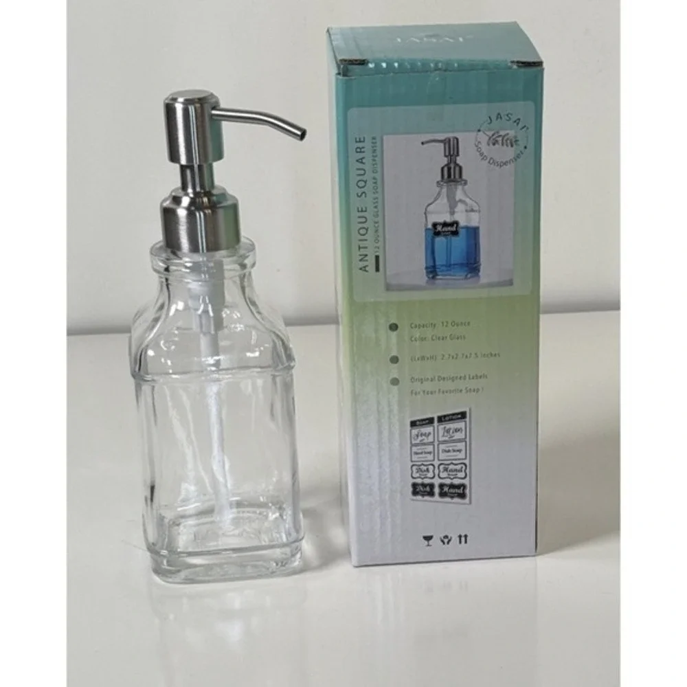 JASAI Antique Square‎ Glass Soap Dispenser 12oz Clear Stainless Steel Pump 81-10